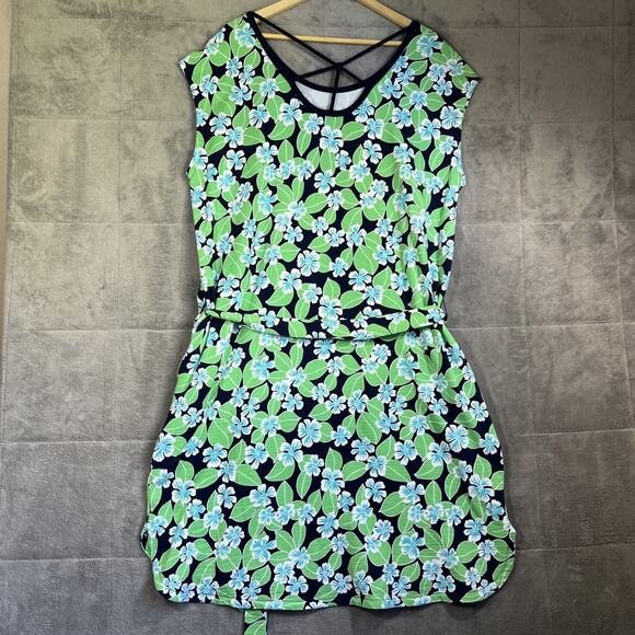 T by Talbots Dress 1X Navy Green Floral Fields Open Back UPF 50+ Pockets Belt - Picture 7 of 12